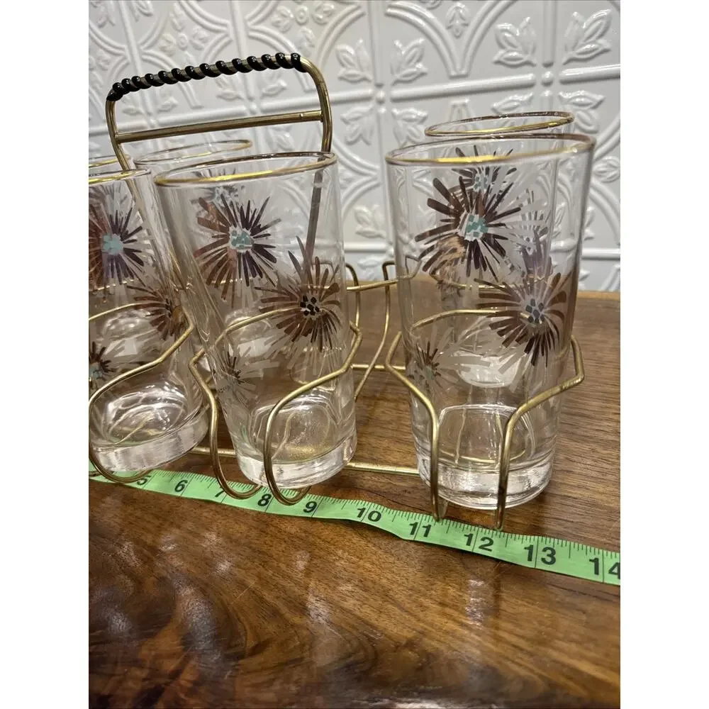 VTG Libbey MCM Party time Atomic Firework Glasses Set Of 7 & Rack Holder